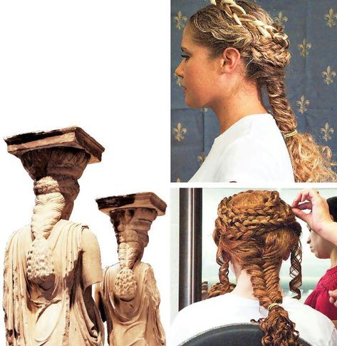 Ancient Greek braid hairstyle for Annabeth Greek Hairstyles Goddess, Ancient Greek Hair, Greek Hairstyles, Greek Goddess Hairstyles, Grecian Hairstyles, Roman Hairstyles, Greek Hair, Historical Hairstyles, Braid Hairstyle