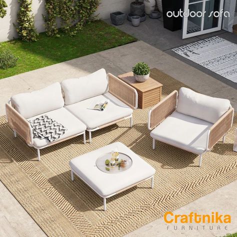 Looking to elevate your outdoor space? Our Rope Sofa is the perfect blend of style and comfort. Here's why you'll love it: Cozy & Chic: Woven rope adds a touch of texture, making your patio décor pop while offering incredible comfort. Built for the Elements: Relax, it's weatherproof! Our resilient rope ensures your sofa looks stunning season after season. Entertain in Style: Plush cushions create an inviting space for friends and family to gather and enjoy the outdoors. Craftnika's Rope Sofa... Patio Furniture Conversation Sets, Patio Conversation Sets, Luxury Outdoor Furniture, Modern Outdoor Furniture, Patio Sofa, Conversation Set Patio, Cozy Chic, Set Free, Outdoor Design