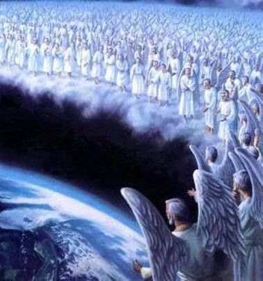 The host of Heaven looking down upon Earth as they destroy themselves and God pours down the judgments. It's coming real soon, much sooner than we think. I Believe In Angels, Ange Demon, Prophetic Art, Angels Among Us, Biblical Art, Angels In Heaven, Angel Pictures, Guardian Angels, Angels And Demons