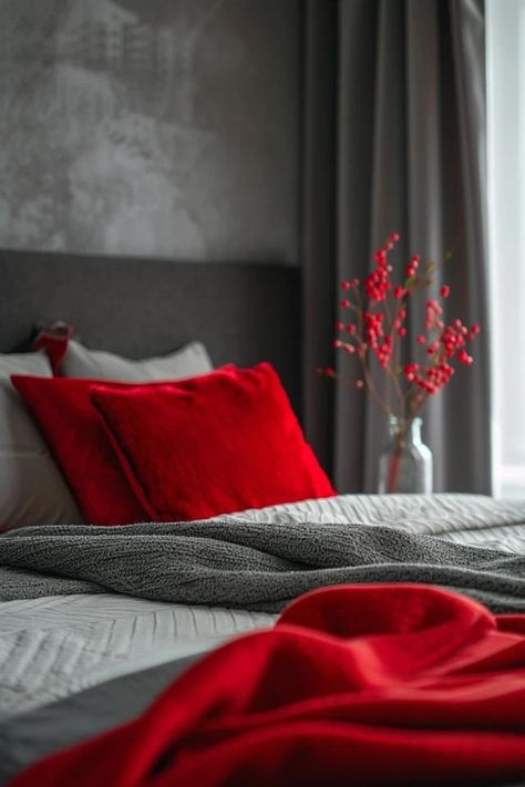 Red and Gray Bedroom - Ideas for a Chic Look Red And Grey Bedroom Ideas, Red And Grey Bedroom, Gray Red Bedroom, Gray Bedroom Ideas, Cozy Bohemian, Red Furniture, Headboard Wall, Serene Bedroom, Grey Bedroom