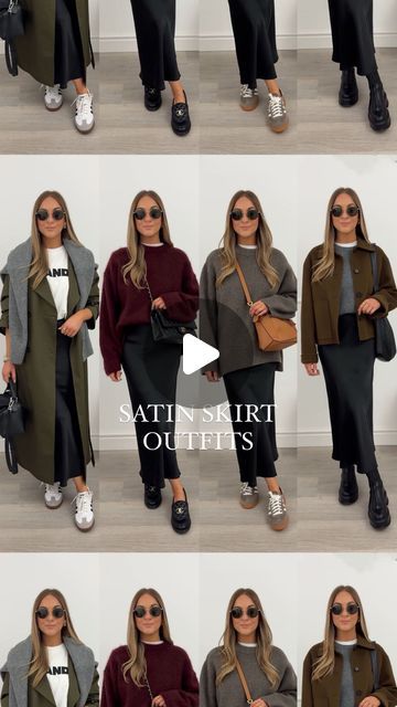 Stacie Elsmore on Instagram: "8 ways to wear a satin skirt for Autumn 🍂 Which look is your favourite?! 🖤 

You can shop all of these outfits now on my LTK- the link is in my bio or search MISSY ELZ on the app ✨" Winter Satin Skirt Outfit, Satin Midi Skirt Outfits Winter, Satin Skirt Styling, Casual Satin Skirt Outfit, Plus Size Satin Skirt Outfit, Outfit Jupe Satin, Satin Skirt Winter Outfit, Satin Black Skirt Outfit, Satin Skirt Outfit Casual