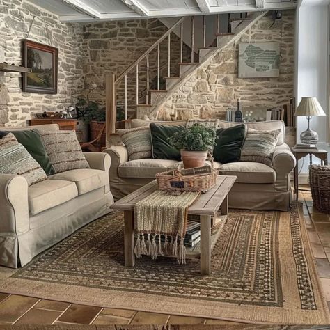 🌿 Embark on a Cozy Journey: A Living Room Tale 🛋️✨  Swipe left and step into the enchanting world of rustic serenity! Immerse yourself in the embrace of cottage core vibes, where green and beige hues dance with the timeless elegance of stone walls. 🏡💚✨  Explore the artful interplay of fabric, rustic charm, and the warm allure of light and dark brown tones.  Ready to infuse your space with the romance of country living? Dive in and let the journey begin! 🌾 Created using Ai #CottageCoreLi... Country Living Rooms Farmhouse Cozy, Cottage Living Room Decor Ideas, Pelmet Ideas, Small Cottage Living Room, Country House Living Room, Country Cottage Living Room, Country Cottage Living, Cottage Core Vibes, Cottage Decor Living Room