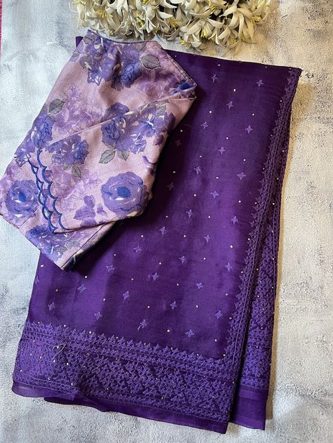 Tuhina violet organza saree handloom organza kutch embroidered by local artisans Mukaish embellishments adds to the beauty Running blouse piece Dry clean only  To view other organza sarees, please click on  https://aavaranaa.com/product-tag/tuhina/ Pattu Saree Dress Gowns, Embroidery Saree Designs Latest, Fancy Pattu Sarees, Stylish Saree Look, Mukaish Saree, Normal Saree, Kutch Work Saree, Benaras Sarees, Methi Paratha