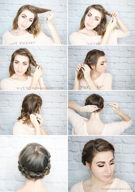 Quick Rolled Braid Updo For Shorter Hair | Wonder Forest: Design Your Life. Braided Updo For Short Hair, Milkmaid Braid, Braided Hairstyles Updo, Penteado Cabelo Curto, Short Hair Updo, Braided Updo, Braids For Short Hair, Hair Dos, Hair Updos