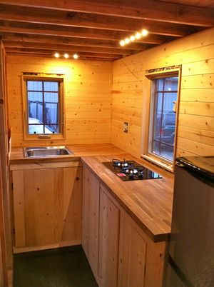 Tiny Shed Kitchen, Tiny Cabin Kitchen, Camp Plans, Tiny Cabin Plans, Kitchen Under Stairs, Tiny Home Shed, Tiny House Plans Small Cottages, Small Kitchen Ideas On A Budget, Kitchen Library