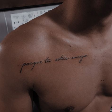 Fine Line Chest Tattoo Men, Men’s Word Chest Tattoo, Writing Tattoos Men, Cursive Tattoo Fonts For Men, Latin Tattoo For Men, Word Tattoos Men, Chest Tattoo Writing, Shoulder Tattoo Quotes, Chest Tattoo Quotes