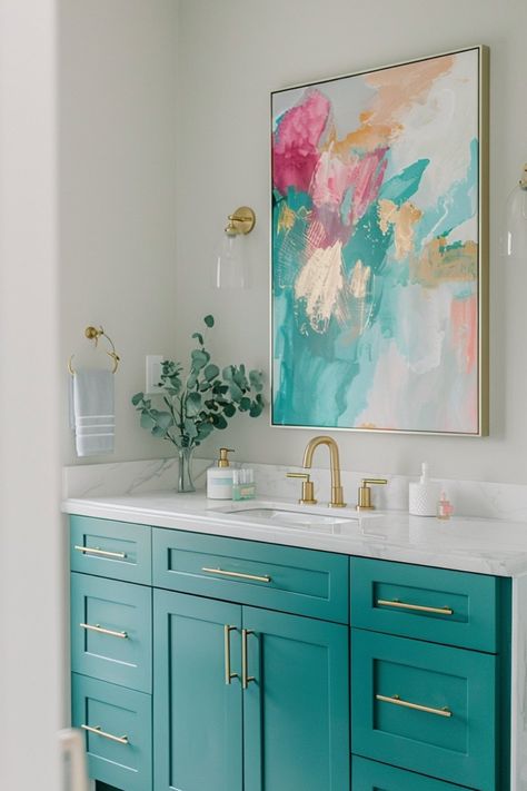 Transform your bathroom with these 15 gorgeous vanity designs! 🛁✨ From sleek modern styles to rustic charm, find the perfect vanity inspiration for an upgraded look. #BathroomVanity #HomeDecor #BathroomDesign Colorful Bathroom Vanity Ideas, Aqua Bathroom Vanity, Teal Vanity Bathroom, Colorful Vanity Bathroom, Cabinet Bathroom Ideas, Colorful Bathroom Vanity, Teal Cabinet, Turquoise Vanity, Teal Cabinets