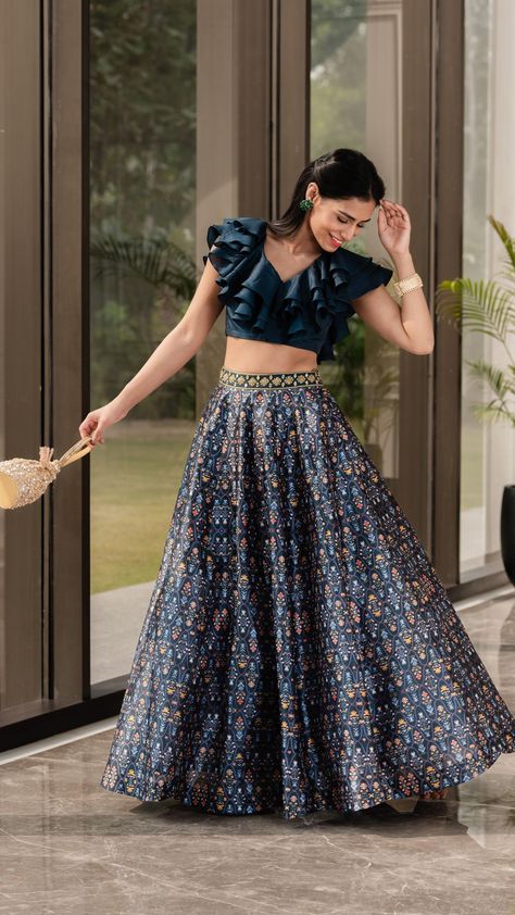 Teal Green Lehenga, Printed Lehenga, Potli Bag, Green Lehenga, Ruffled Blouse, Layered Blouse, Dupion Silk, Indian Fabric, Silk Lehenga