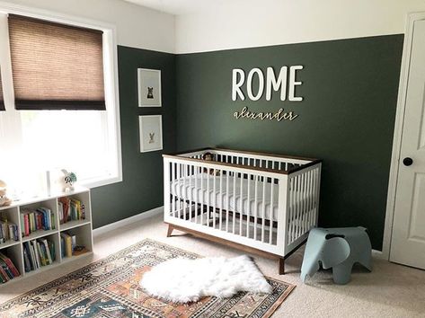 🌲 a rich forest green looks so good against the walnut trim! 👌 • #babyletto Scoot crib • 📷: nursery designed by mama @nfin 💚 Baby Nursery Inspiration, Nursery Boy, Baby Boy Room Decor, Nursery Room Design, Baby Boy Room Nursery, Green Nursery, Baby Room Design, Nursery Baby Room, In The Corner