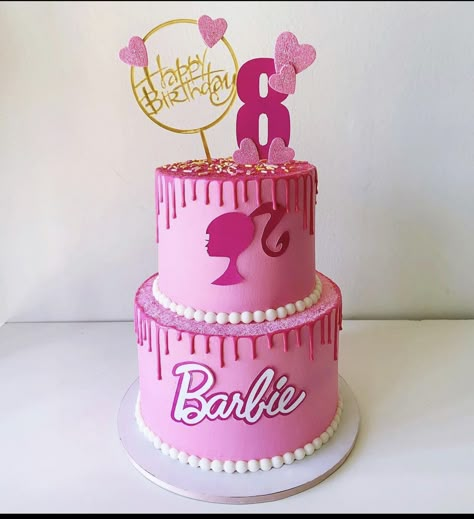 Barbie Birthday Cake 2 Tier, Birthday Cake Barbie Theme, Barbie Two Tier Cake, Barbie Theme Cakes, Barbie Party 5th Birthday, Barbie Themed Birthday Party For Kids, Barbie Theme Cake Ideas, Barbie Cake Birthday Kids, 2 Tier Barbie Cake