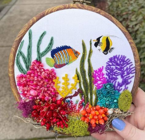 Underwater Embroidery Designs, Embroidery Coral Reef, Underwater Embroidery, Coral Reef Embroidery, Ocean Embroidery, Embroidery Theme, Embroidery Jeans Diy, Fish Embroidery, Embroider Ideas