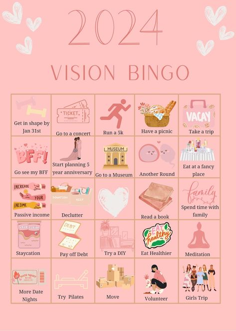 2024 Vision Board Bingo Template, Personal Goals Bingo Game, Aesthetic Vision Board Printable, Vision Board Activity, Vision Board Party - Etsy UK Bingo Board Ideas, Vision Board Party Games, Vision Board Bingo, Vision Board Party Ideas Food, Birthday Vision Board, Girl Time Ideas, July Vision Board, Vision Board Party Ideas, Vision Board Questions