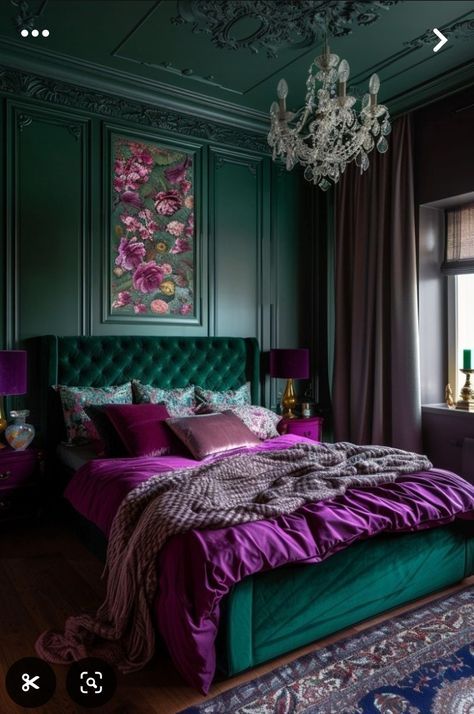 Jewel Toned Bedroom Decor, Dark Modern Bedroom, Jewel Tone Bedroom, Sweet Bedroom, Velvet Bedroom, Layered Bedding, Fall Bedroom Ideas, Whimsical Bedroom, Dream Bedroom Inspiration