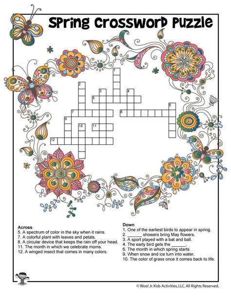 Spring Word Puzzles for Kids | Woo! Jr. Kids Activities : Children's Publishing Spring Crossword, Halloween Crossword, Word Puzzles For Kids, Word Ladders, Blue Spring Flowers, Printable Crossword Puzzles, Flower Puzzles, Weather Words, Spring Words