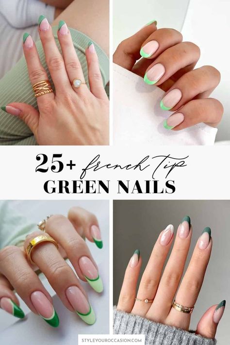 Looking for green nails? Check out this list of gorgeous green French tip nails to inspire you. There’s a variety of green French tips including acrylic, almond, short, coffin, long, with gold and other designs, and so much more. You’ll love the aesthetic of these chic green trendy nails! Coffin Green Tip Nails, Green Nails With Green Tips, Green Tip Dip Nails, French Nails With Green Design, Neon Green French Tip Nails Almond, Green Tip Nails Almond, Green French Tip Nail Designs, French Nails Green Tips, Green French Manicure Nails