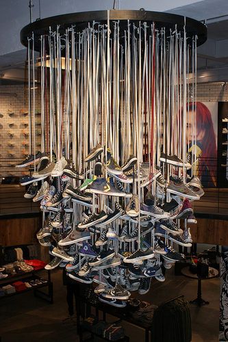 Converse Chandelier! From SF's first-ever NorCal Converse Store. Just for "kicks". Shoes Store Design, Shoe Shops, Converse Store, Shoe Store Design, Sneaker Displays, Shoe Stores, Clothing Store Interior, Clothing Store Design, Store Window Displays