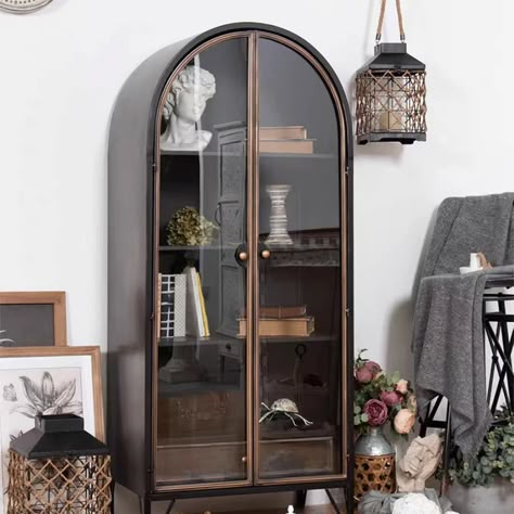 Retro Arched Metal Glass Display Bookcase - Black - Oval-shaped - CharmyDecor Feature Shelves, Arched Bookshelf, Arched Bookcase, Steel Bookshelf, Storage Closet Shelving, Built In Around Fireplace, Wood Bar Cabinet, Cottagecore Living, Glass Bookcase