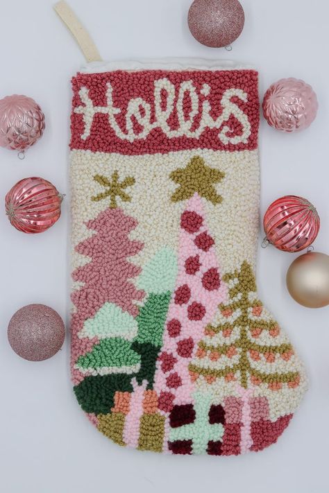 Whimsical Christmas Stocking, Punch Needle Christmas Stocking, Pink Christmas Stocking, Punch Needle Stocking, Cute Stockings Christmas, Diy Stockings Christmas, Whimsical Christmas Decor Ideas, Free Punch Needle Patterns, Diy Christmas Stockings Ideas