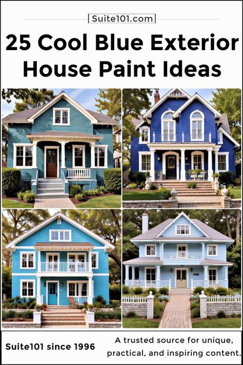 25 Blue Exterior House Colors That Boost Value & Style Bright Blue Exterior House Colors, Blue Roof House Colors Exterior Paint, Blue Stucco House Exterior, Exterior Blue Paint Colors For House, Blue Brick House Exterior, Blue Brick House, Blue Siding House, Blue Exterior House, House Exterior Colors Blue