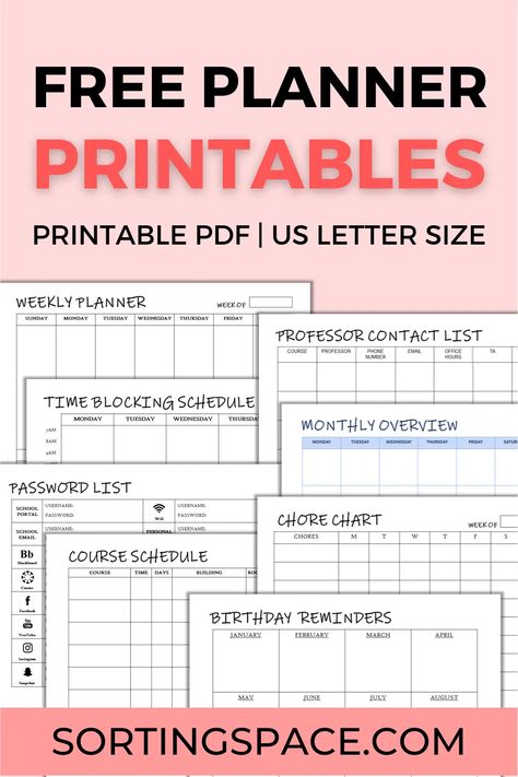 The Best Free Printables For College Students - Sorting Space School Organization College, College Planner Printables, Student Planner Organization, Homeschool Student Planner, College Student Organization, College Printables, Free Planner Printables, Student Weekly Planner, Planners For College Students