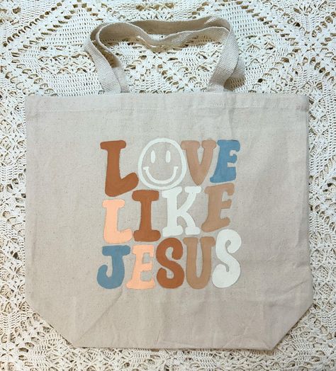 Hand painted large tote bag Christian Tote Bags Paint, Jesus Tote Bag Painting Ideas, Christian Tote Bag Design Diy Paint, Bible Bags Totes Diy Paint, Tote Bag Painting Ideas Christian, Tote Bag Ideas Design, Bible Bags Totes Diy, Tote Painting Ideas, Paint Tote Bag Ideas