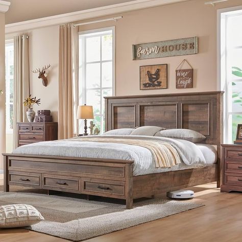 Amazon.com: ACCOHOHO Farmhouse Queen Size Bed Frame with 52" Tall Full-Panel Headboard, Wood Platform Bedframe with Footboard and Storage Drawers, No Squeak, No Box Spring Needed, Light Brown : Home & Kitchen Modern Farmhouse Beds, Small Crown Molding, King Bed Frame Ideas, Farmhouse King Size Bed, Panel Bed Frame, Farmhouse Bed Frame, Wood Panel Bed, High Quality Bedroom Furniture, Wooden King Size Bed