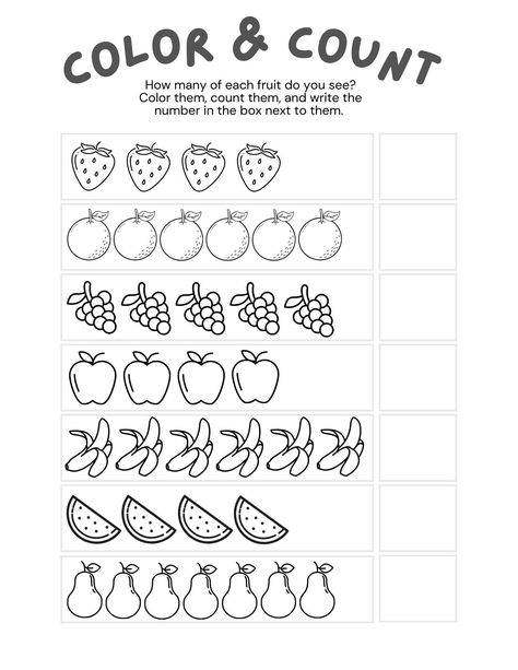 Introduce the kiddos to counting and colors with this fun and educational Color and Count Fruit Sheet. Kids will enjoy coloring in each row of vibrant fruits and then practicing their counting skills by writing the correct number in the designated box. Perfect for preschoolers, early learners, or homeschooling activities, this printable worksheet offers an engaging way to develop fine motor skills, color recognition, and basic math abilities. Download, print, and start learning today! Fruits And Veggies Activities Preschool, Fruit Worksheets Preschool, Fruits Activity For Preschool, Fruit Worksheets For Kids, Fruits Worksheets For Kids, Fruit Activities For Preschool, Count And Write Worksheets, Fruits Activity, Count And Write