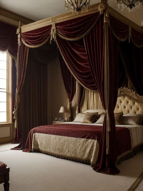 Extra Large Bed Canopy, Medieval Canopy Bed, Royal Canopy Bed, Elegant Canopy Bed, Victorian Canopy Bed, Fantasy Royal Bedroom, Victorian Rooms Bedrooms, Royal Bedroom Aesthetic, Poster Bed With Curtains