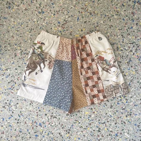 Handmade Patchwork Shorts 

One of a kind 
Designed... - Depop Patchwork Shorts Diy, Patchwork Thrift Flip, Sewing Patchwork Clothes, Patch Work Clothes, Patchwork Clothes Diy, Quilted Shorts, Style Vision Board, Cowboy Print, Sewing Challenge