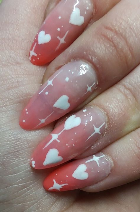 Custom made press on nails, hand painted with pink ombre and white hearts and stars. Standard in Long Almond but can also be made in Stilleto or short Almond. One set includes 10 pre-made press on nails, a nail file, nail glue, wood pick and a wipe off sheet. Please write me your sizes in cm or inches. E.g. thumb 1.6 cm, index finger 1.1 cm etc. The nails are made from gel press ons. High quality and stable. Valentine Themed Nails, Vintage Valentines Nails, Short Nails Gel Designs, Trinket Nails, Pink Heart Nail Designs, Cute Heart Nails, Nails Hearts, Almond Press On Nails, Pink Nail Art Designs