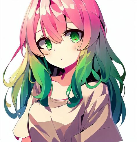 Anime Multicolored Hair, Pink And Green Anime, Green Anime Hair, 2023 Pink Hair, Pink Hair Anime Characters, Pink Hair Green Eyes, Green Hair Anime, Anime Oc Female, Gods Design