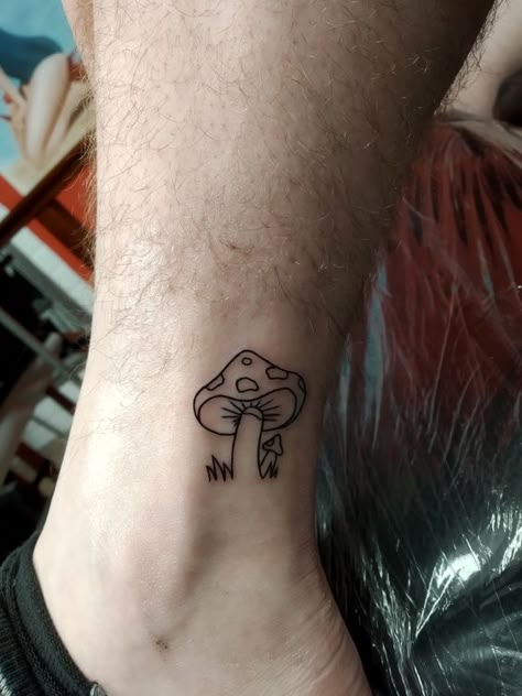 Simple Mushroom Tattoo. Small Red Mushroom Tattoo, Toadstool Tattoo Simple, Small Shroom Tattoo, Small Simple Mushroom Tattoo, Fineline Mushroom Tattoo, Mushroom Tattoo Ideas Simple, Mushroom Line Tattoo, Mushroom Finger Tattoo, Small Tattoos Mushroom