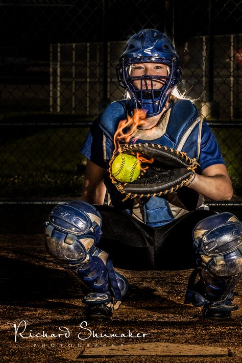 Senior softball catcher on fire Softball Catcher Pictures, Softball Portraits, Softball Pictures Poses, Sports Action Photography, Softball Picture, Softball Pics, Softball Photography, Softball Photos, Softball Senior Pictures