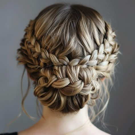 Have fun with these braided updo hairstyles. Perfect for a playful and cheerful look. Save this pin for fun hair ideas! #Braids #Updo #FunStyles Updos For Long Hair For Prom, Celtic Updo, Braid Up Do Hairstyles, Wedding Braid Updo, Low Updo With Braid, Wedding Updo Braid, Hunger Games Hairstyles, Military Ball Hairstyles, Braid Updo Wedding