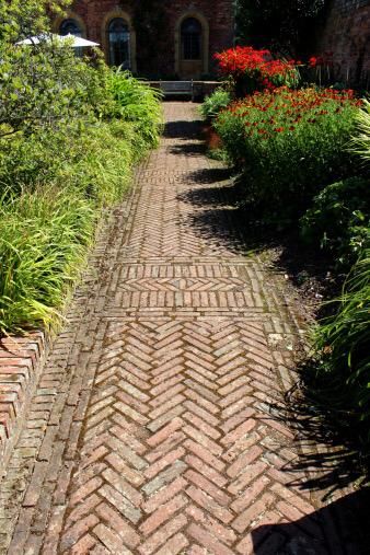 Paved Pathway, Front Path, Brick Pathway, Outdoor Paving, Brick Path, Pathway Landscaping, Brick Paving, Small Courtyard Gardens, Herb Garden Design