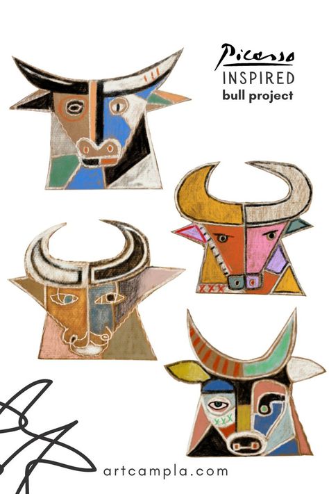 Fun Abstract Art, Mobiles Art, Trin For Trin Tegning, Abstract Art Projects, Bull Art, Acrylic Painting Ideas, Picasso Style, 4th Grade Art, 3rd Grade Art