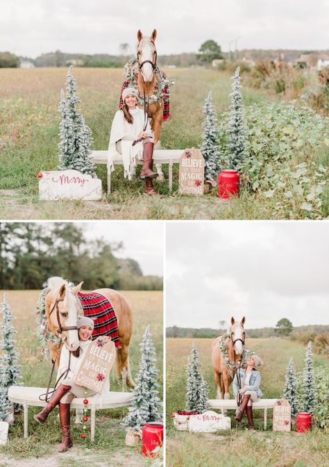 Christmas Photoshoot Mini Sessions, Pony Christmas Pictures, Christmas Photoshoot With Horse, Cowgirl Christmas Photoshoot, Highland Cow Christmas Photoshoot, Western Christmas Mini Session, Western Christmas Family Photos, Horse Holiday Photos, Christmas Western Photoshoot