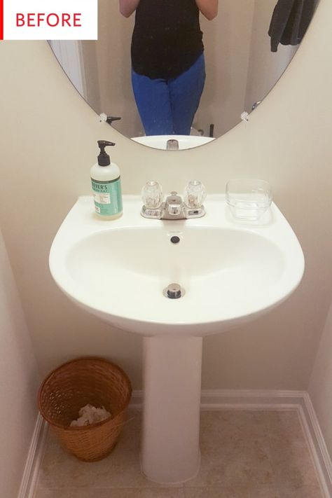 Bathroom Small Sink Ideas, Small Sink Bathroom Decor, Sink Only Bathroom, Half Bathroom Sink Decor, Half Bathroom Update, Redo Half Bathroom, Small Restroom Sink Ideas, Small Bathroom Sink Ideas Modern, Pedal Stool Sink Bathroom Storage