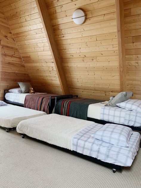 Trundle Beds in the A-frame Loft! - Chris Loves Julia Trundle Beds, Cabin Loft, Bedroom Frames, Bunk Rooms, Loft Beds, Chris Loves Julia, Twin Loft Bed, Dekorasi Kamar Tidur, A Frame Cabin