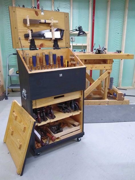 A need to save space in a cramped furnace-room/workshop was one reason Jonathan Judeich chose this Dutch tool chest design about three years ago. It was also one of the first things he built after making his workbench. “My first time doing dovetails, shiplap, and breadboard ends,” he said.  PINE, POPLAR, AND RED OAK,  12-3⁄4D X 24W X 42-1⁄2H (WITH LID CLOSED) @gizanked  Dubois, Pa. Wood Tool Chest, Hand Tool Storage, Furnace Room, Vintage Tool Box, Hand Tool Woodworking, Tool Storage Ideas, Tool Cabinets, Wood Shop Ideas, Wood Tool Box