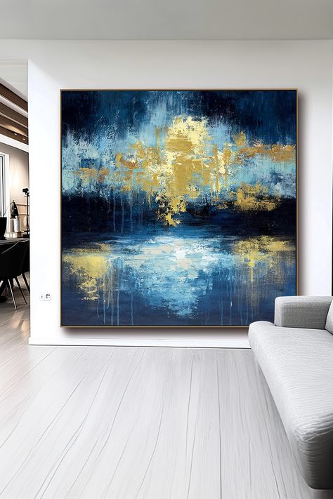 Original handmade blue and gold abstract painting with textured brushstrokes and golden accents, reflecting a dreamy water landscape Transitional Decor, Blue And Gold, Color Theory, Abstract Wall, Abstract Wall Art, Art Original, Modern Contemporary, Focal Point, Living Rooms