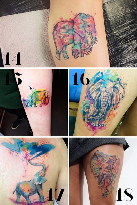 Elephant Tattoos Watercolor, Watercolor Tattoo Elephant, Elephant Tattoos Color, Small Elephant Tattoo Ideas For Women, Watercolor Animal Tattoo, Small Elephant Tattoo, Realistic Elephant Tattoo, Elephant Tattoo Ideas, Colorful Elephant Tattoo