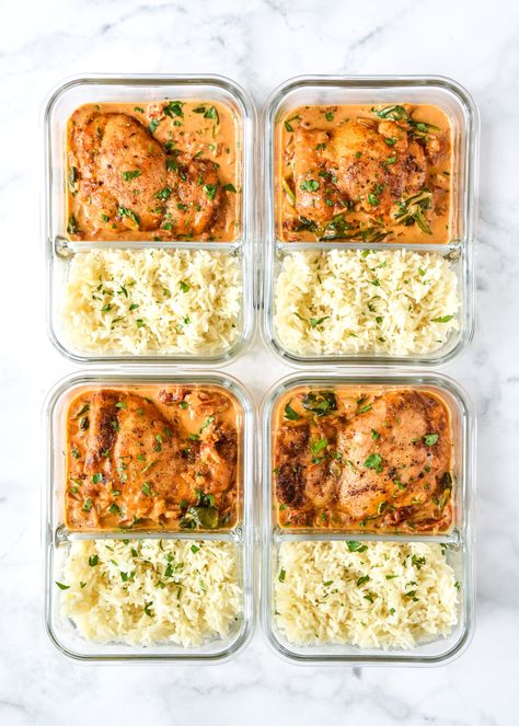 This Creamy Tuscan Chicken Meal Prep features juicy seasoned chicken thighs simmered in a rich sun-dried tomato sauce, served with your fave rice or pasta! Make-ahead and freezer-friendly, or perfect for a weeknight dinner! ProjectMealPlan.com Chicken Thigh Freezer Meals, Chicken Thigh Meal Prep, Seasoned Chicken Thighs, Freezer Prep, Creamy Tuscan Chicken, Sun Dried Tomato Sauce, Seasoned Chicken, Tuscan Chicken, Chicken Meal Prep