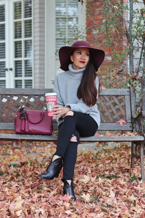 Burgundy wool hat, high rise distressed black jeans, grey turtleneck sweater, Burgundy double zip thea satchel, Vince Camuto Franell western booties, fall fashion, petite fashion, fall outfits, burgundy wool floppy hat, click the photo for outfit details! Burgundy Hat Outfit, Floppy Hat Outfit, Hat Outfit Winter, Hat Outfit Fall, Fall Fashion Petite, Fall Hat Outfits, Burgundy Hat, Stylish Petite, Hat Outfit