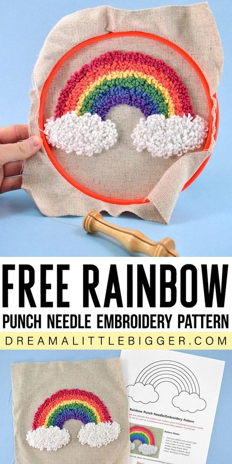 Looking for a fun and easy embroidery pattern? Get this rainbow punch needle pattern and stick around to learn how to turn it into a rainbow applique! Punch Needle Rainbow, Punch Needle Designs, Rainbow Applique, Rainbow Punch, Punch Needle Pattern, Makramee Diy, Applique Tutorial, Easy Embroidery, Punch Needle Patterns