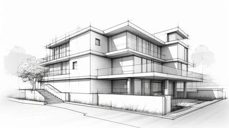 3d House Sketch, Modern Architecture Drawing Sketches, 3d Building Drawing, Exterior Perspective Drawing, Building Architecture Sketch, Architecture House Drawing, Apartment Sketch, 3d House Drawing, Building Outline