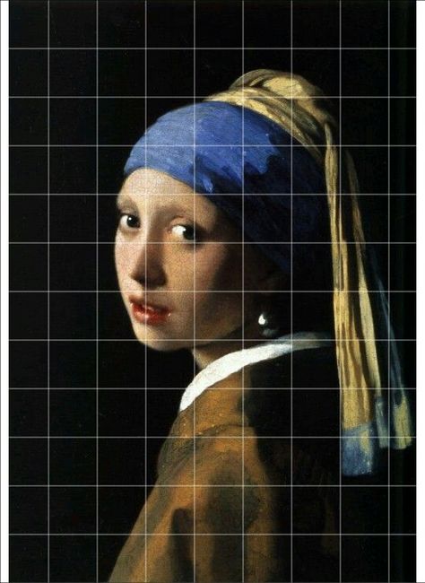 Girl With A Pearl Earring Painting, Reference Photos With Grid, The Girl With The Pearl Earring, Girl With Pearl Earring Art, Pearl Drawing, Famous Art Coloring, Pearl Artwork, Girl With The Pearl Earring, Drawing Grid