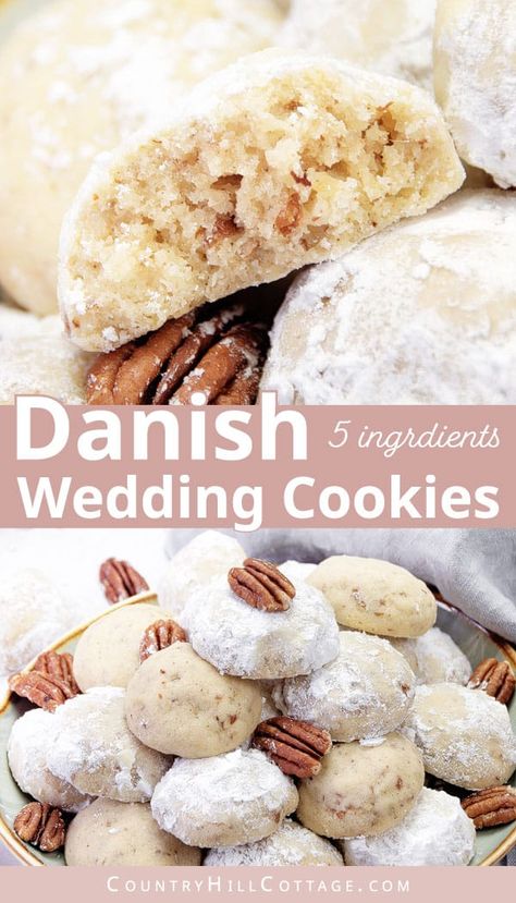 See how to make the best homemade Danish wedding cookies! They have super tender, melt-in-your-mouth texture and make a delicious addition to any holiday cookie plate. Similar to Mexican wedding cookies, Russian tea cake or snowballs Christmas cookies, the easy cookie recipe is made with 5 ingredients and decorated with powdered sugar. Includes a Keebler copycat recipe with chocolate chips, tips for gluten free cookies and variations with walnuts, pecans, and almonds. | CountryHillCottage.com Danish Wedding Cookies, Homemade Danish, Recipe With Chocolate Chips, Danish Wedding, Mexican Wedding Cookies Recipes, Powdered Sugar Cookies, Wedding Cookies Recipe, Danish Cookies, Easy Cookie Recipe