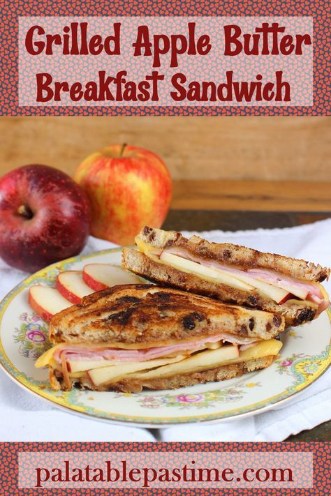 Grilled Apple Butter Breakfast Sandwich grills ham, cheese, apple slices and apple butter between slices of cinnamon raisin bread. via @suelau1 Apple Butter Sandwich Ideas, Apple Butter Sandwich, Ham And Apple Sandwich, Apple Butter Breakfast, Grilled Cheese Apple, Turkey And Apple Panini, Ham And Apple Grilled Cheese, Apple Grilled Cheese Sandwich, Sandwich Recipes Indian