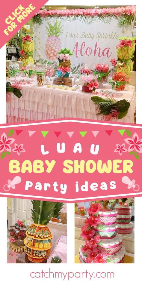 Take a look at this fab luau baby shower! The party decorations are so impressive! See more party ideas and share yours at CatchMyParty.com Baby Shower Luau Theme, Hawaiian Themed Baby Shower Ideas, Aloha Baby Shower Ideas Boy, Pool Party Baby Shower Ideas Girl, Tropical Theme Baby Shower Ideas, Gender Reveal Luau, Luau Baby Shower Ideas Boys, Hawaii Baby Shower Theme, Aloha Baby Shower Ideas Girl